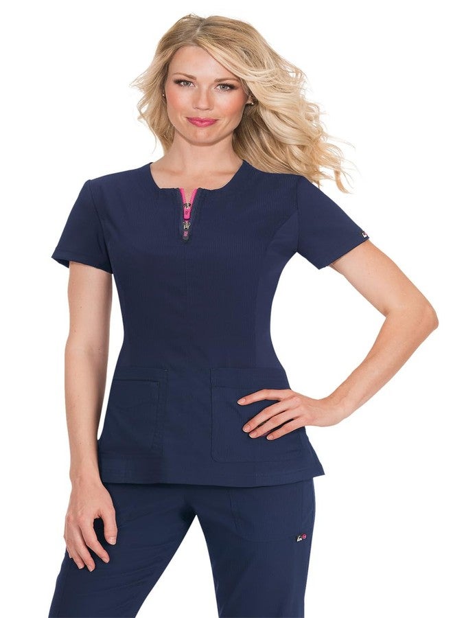 KOI Lite Serenity Women's 4-Pocket Zipper Neck Scrub Top Navy Small